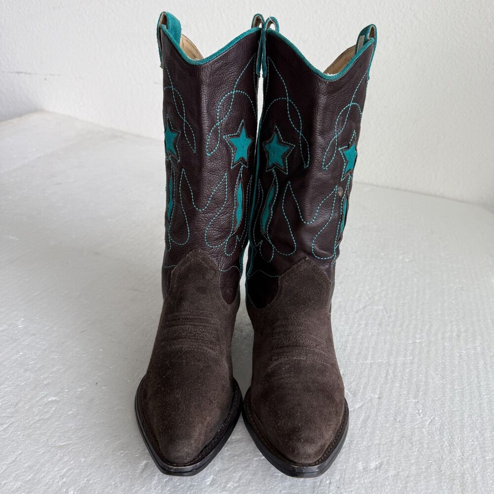 Brown Suede & Leather Cowboy Boots Turquoise Star Embroidery Women’s Size 38 - Picture 2 of 13